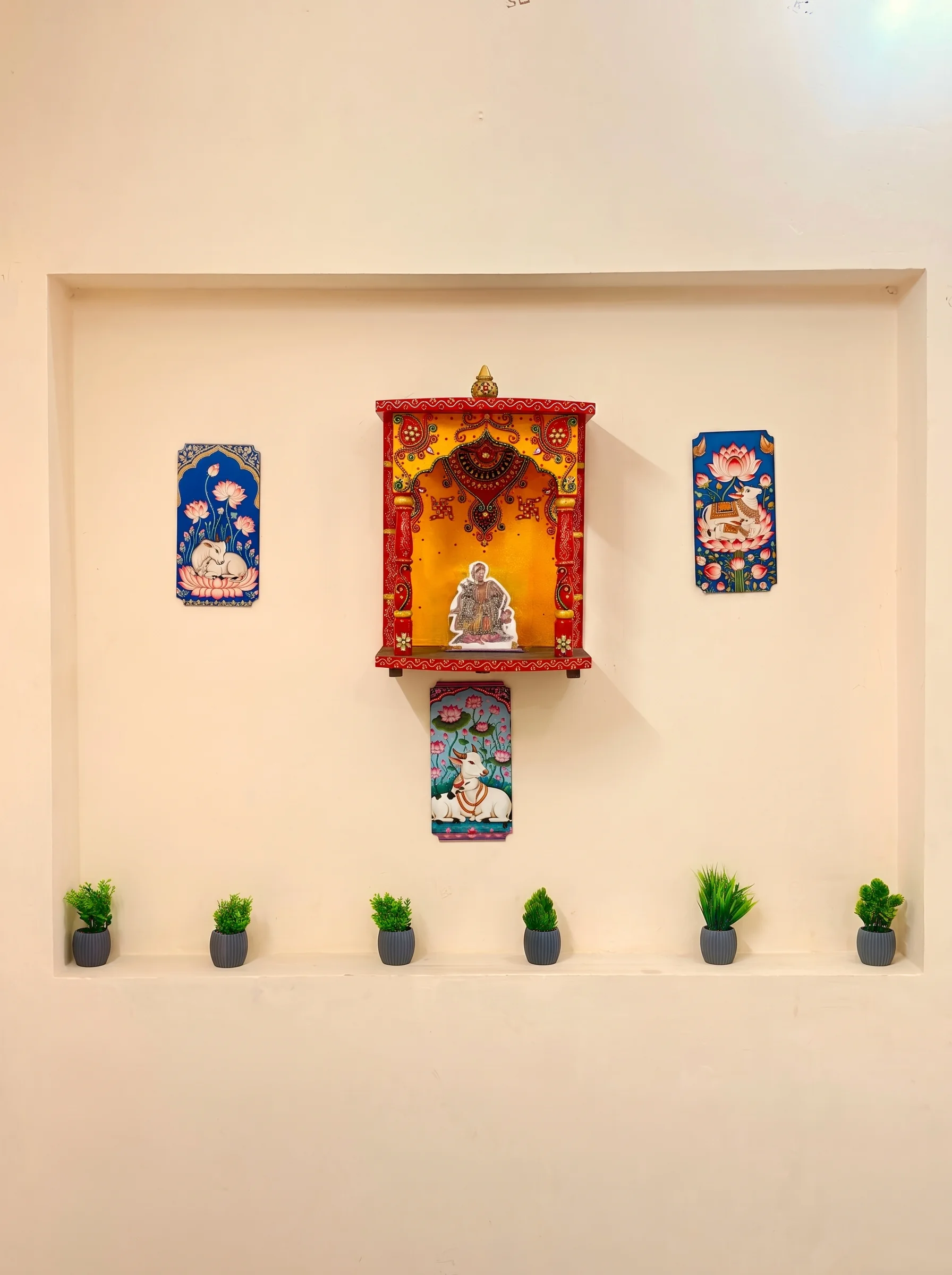 Hand-painted mandir in the living room