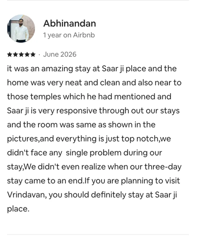 Five-star review by Abhinandan: neat and clean, near the temples, everything top notch