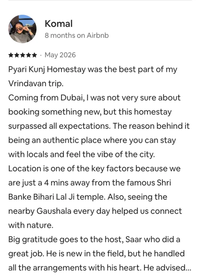 Five-star review by Komal: the best part of my Vrindavan trip, surpassed all expectations