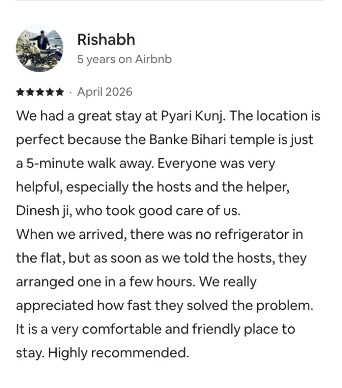 Five-star review by Rishabh: hosts arranged a refrigerator within hours of asking