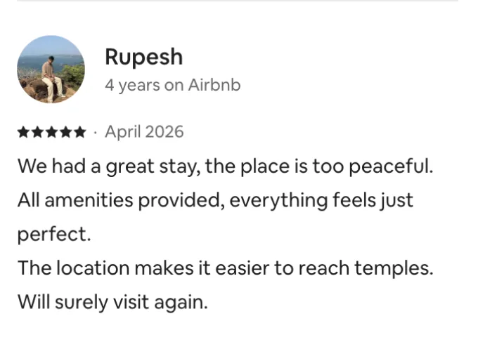 Five-star review by Rupesh: too peaceful, all amenities provided, will surely visit again