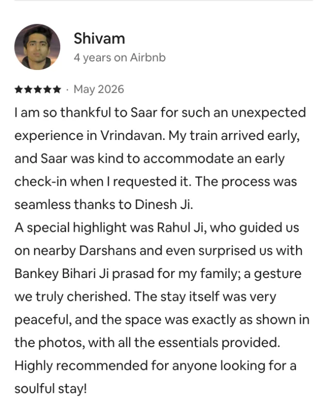 Five-star review by Shivam: early check-in accommodated, prasad surprise for the family